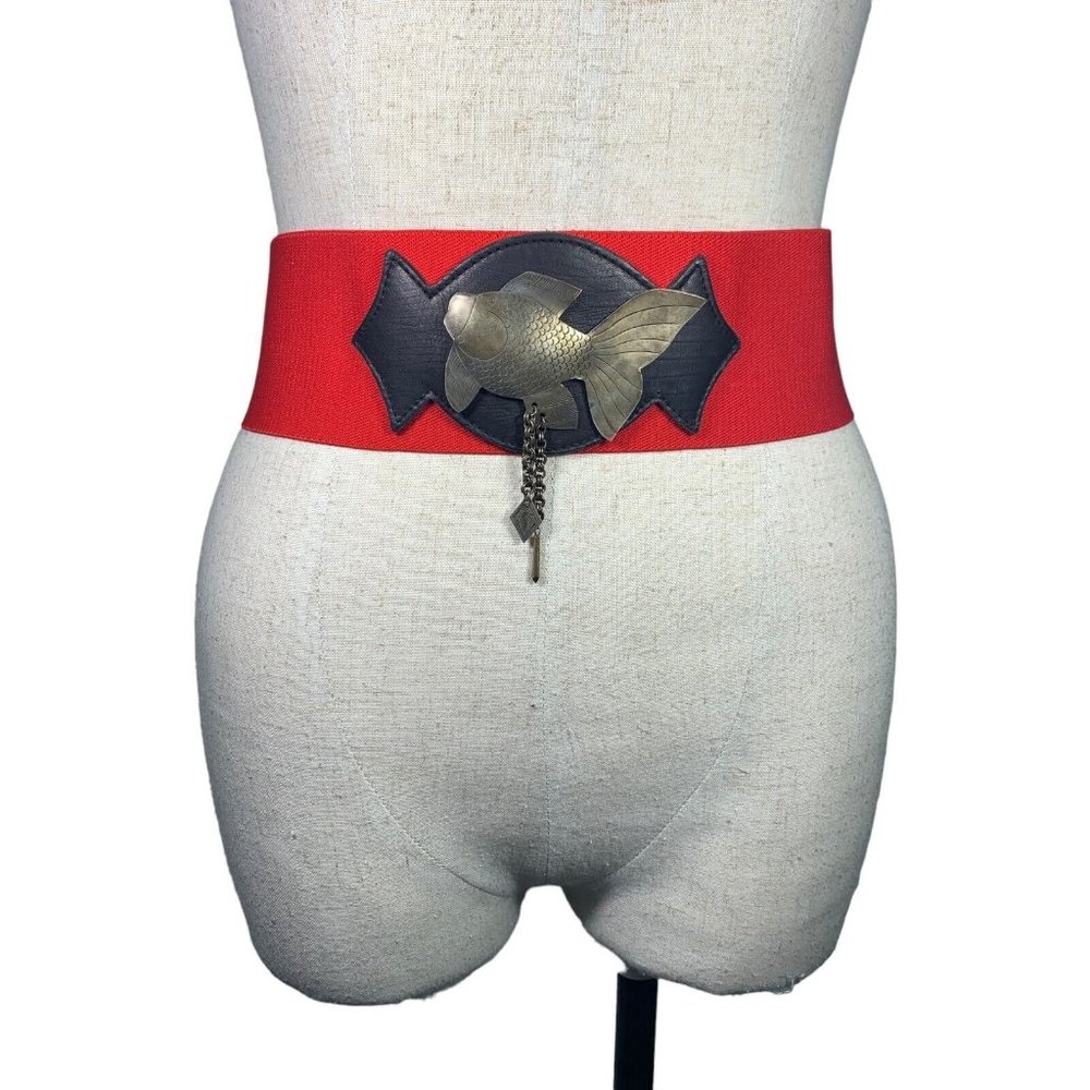 Vintage 90s Waist Belt Red Statement Wide Metal Fish Chain‎ Elastic Stretch
